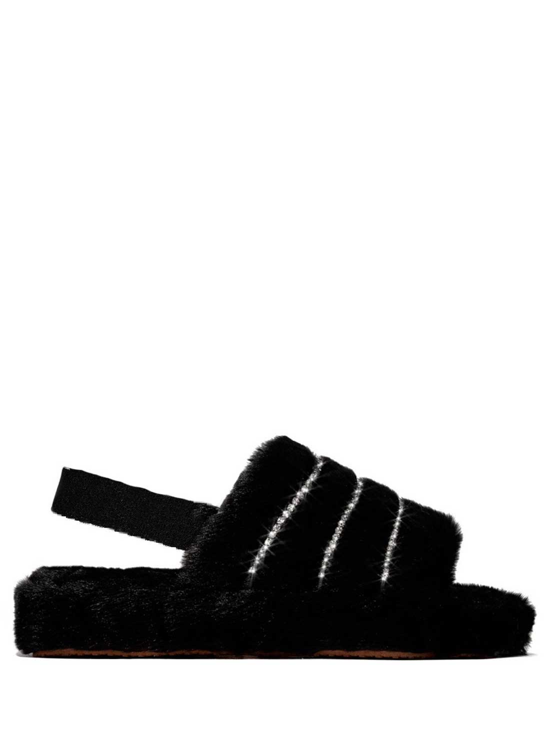 LEYLA - Black faux fur slippers with rhinestones and elastic