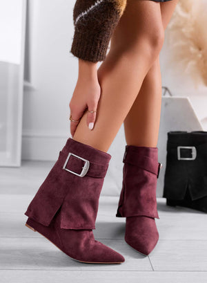 Burgundy suede ankle boots with cuff and wedge