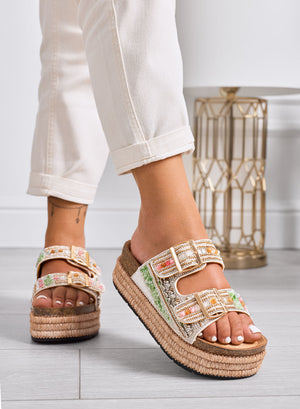 LOGAN - White sandals Platform slippers with colorful beads and rhinestones