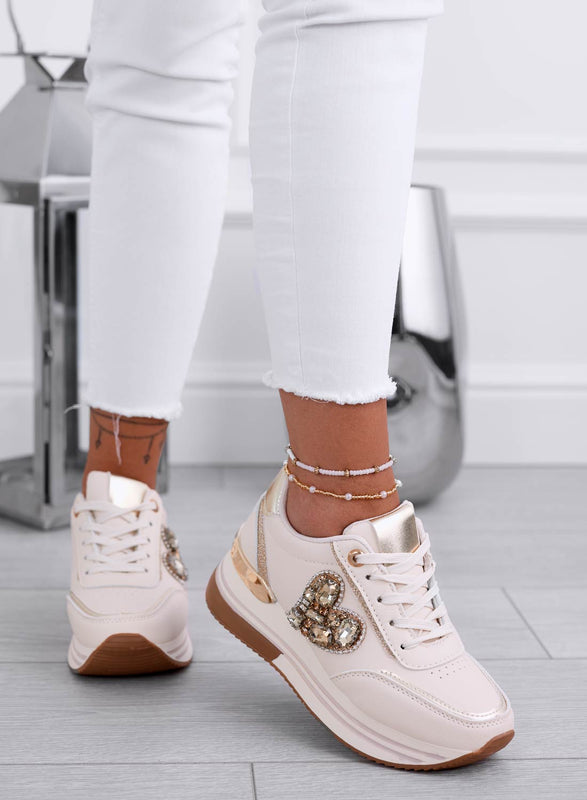 VENERE - Sneakers beige con cuore gioiello oro