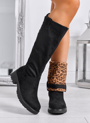 INGRID - Black suede ankle boots with leopard-print cuff