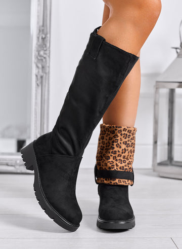 INGRID - Black suede ankle boots with leopard-print cuff