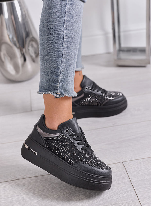 MELANIA - Sneakers Donna nere con Strass, Stelline e Suola Platform