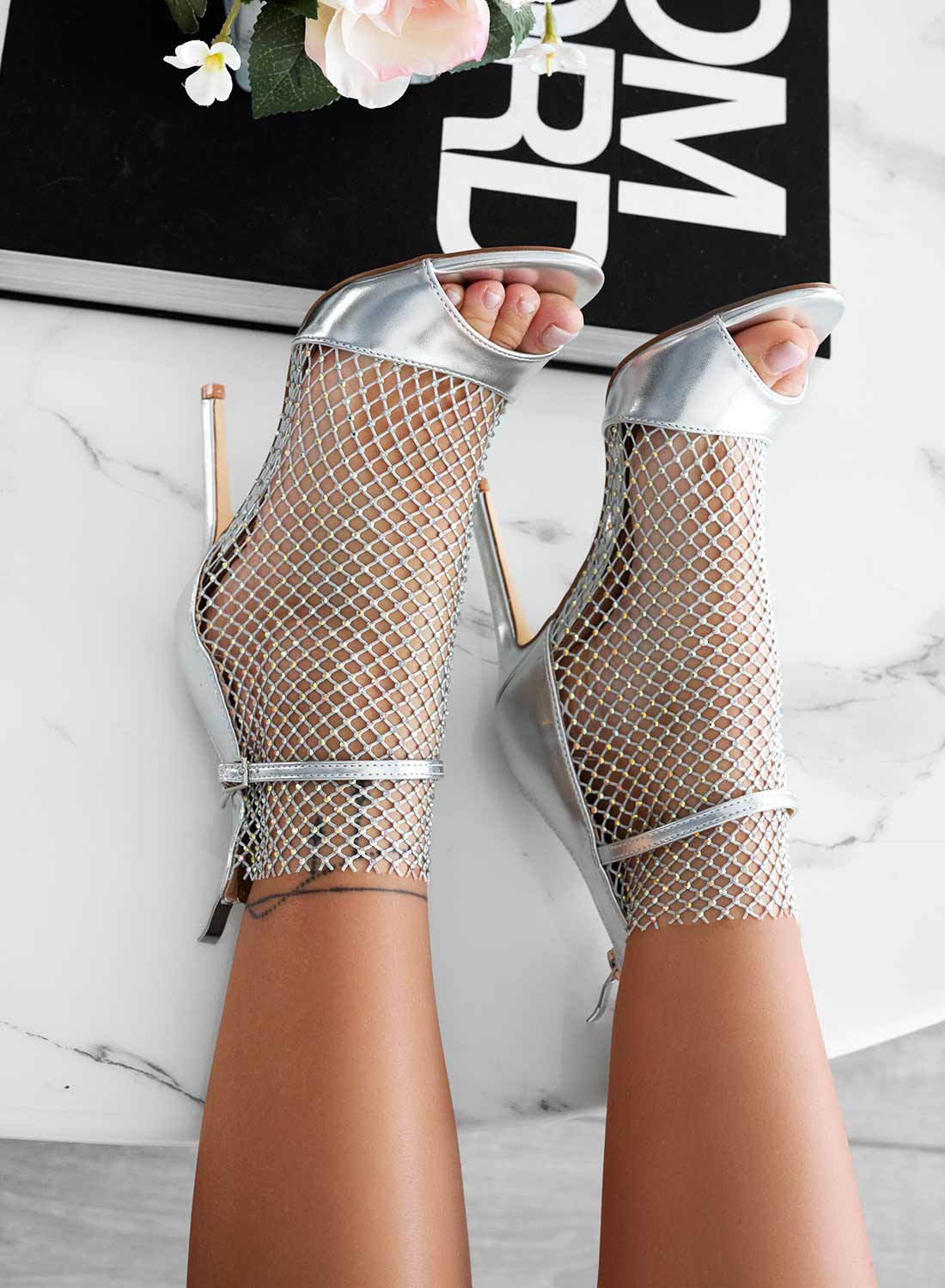 KENDALL - Silver sandals with jeweled mesh