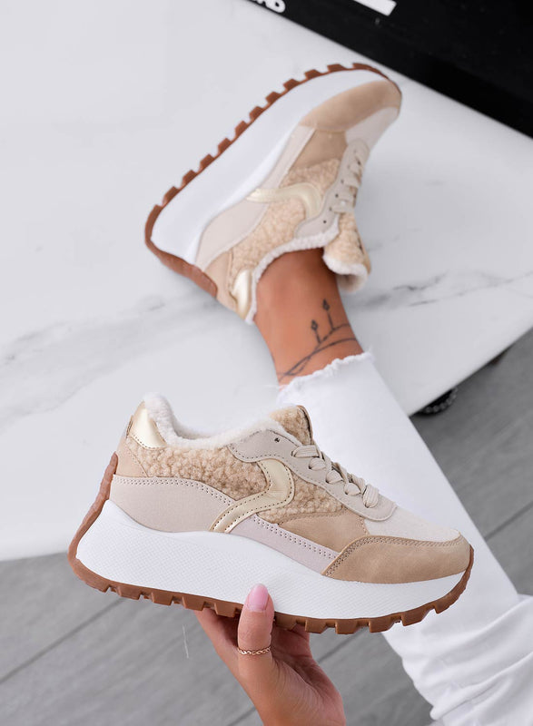 JORAS - Sneakers beige con inserti in ecopelliccia