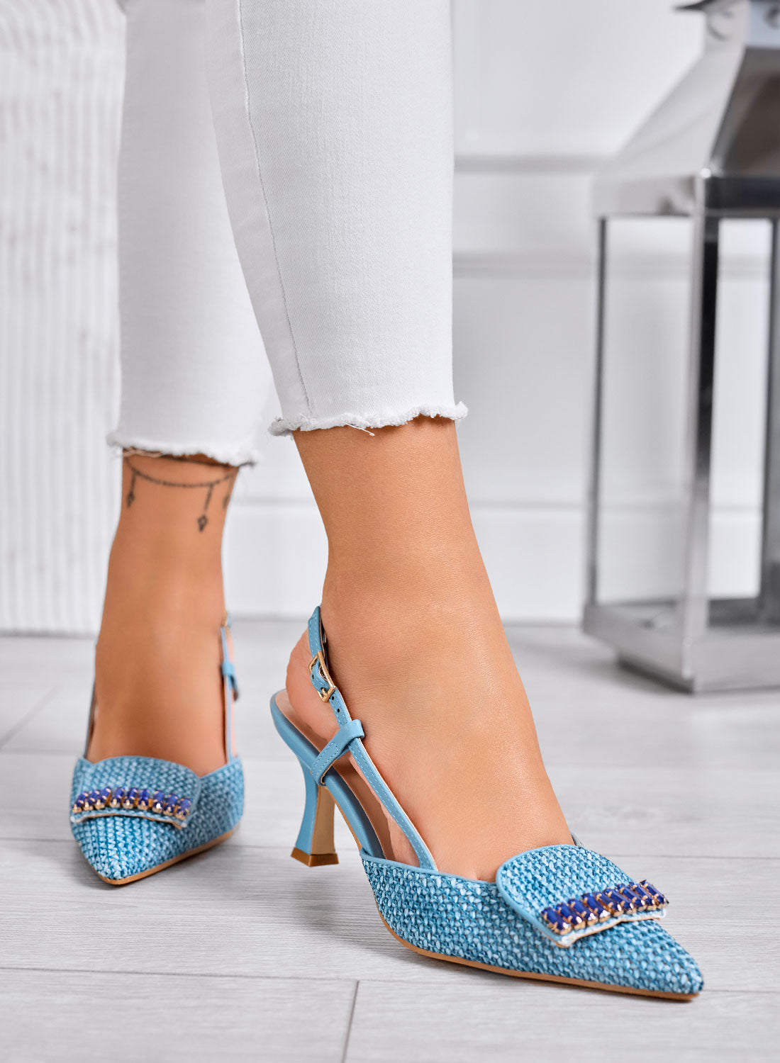 RUSH - Blue Slingback Woven Pumps with Jewel Embellishment