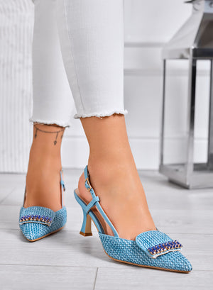 RUSH - Blue Slingback Woven Pumps with Jewel Embellishment