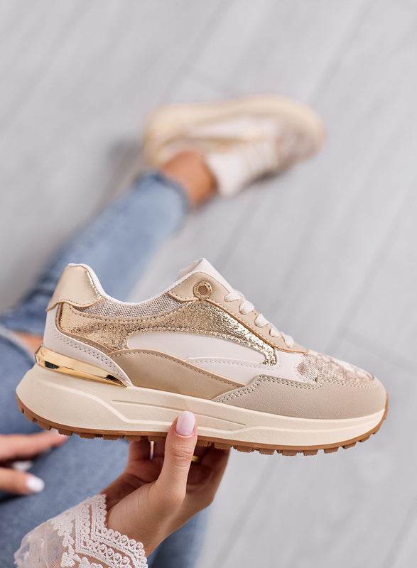 DONATA - Sneakers beige e oro con dettagli metallizzati e suola platform