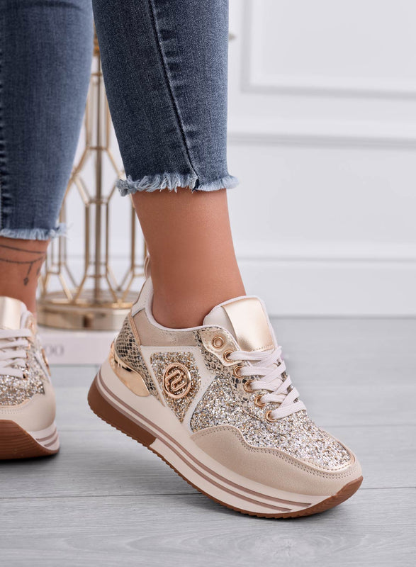 ALISHA - Sneakers beige con inserti glitter oro