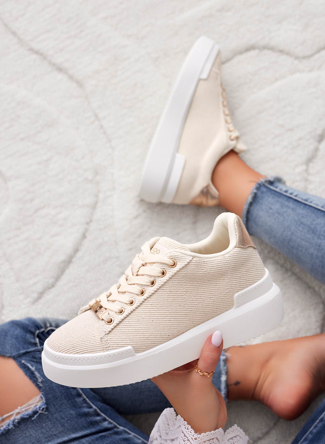 NADIA - Beige fabric sneakers with gold finishes