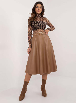 Faux leather taupe midi skirt with belt