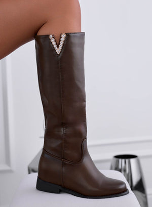 Brown boots with internal wedge and jewel embellishment