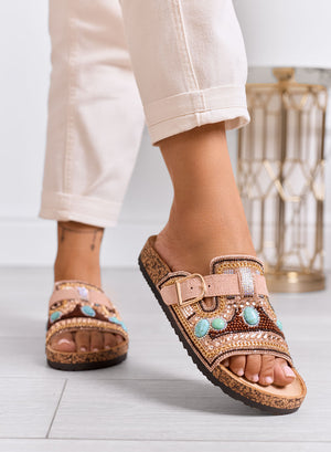 LIVIA - Pink jeweled sandals slippers with rhinestones and golden buckle