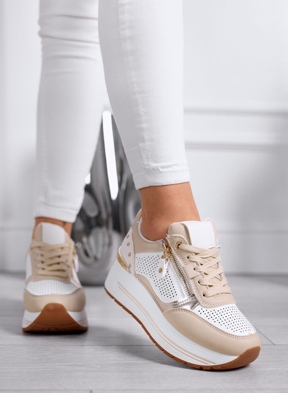 ENEA - Sneakers Beige con Zip Laterale e Dettagli Oro