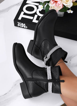 KATE - Black perforated ankle boots with jeweled strap