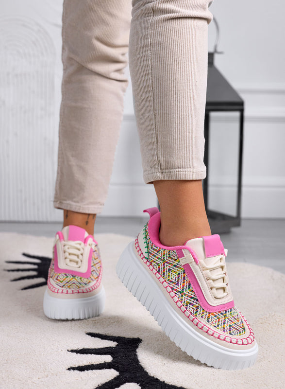 NUNZIA - Sneakers rosa con inserti in tessuto multicolor