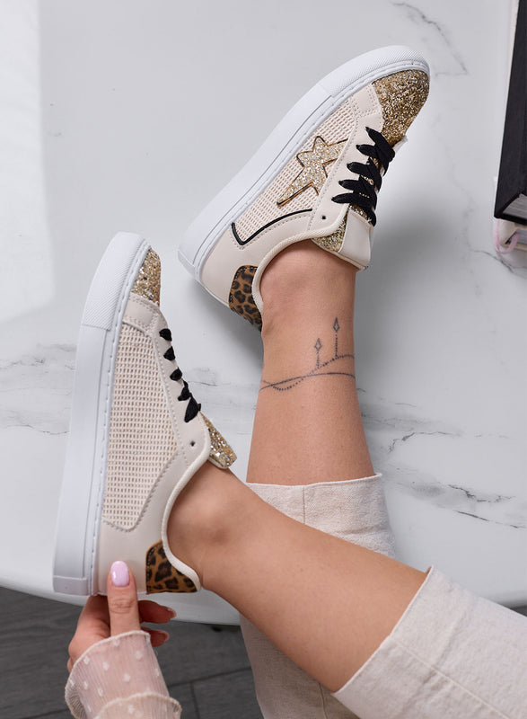 ANNALISA - Baskets basses beiges avec paillettes dorées et talon léopard