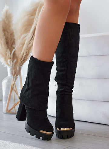 JOSEPH - Black suede boots with cuff and gold plate