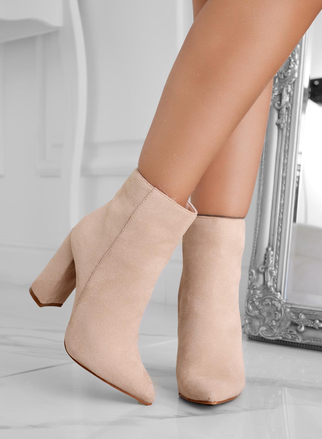 DORIS - Beige suede ankle boots with high heel