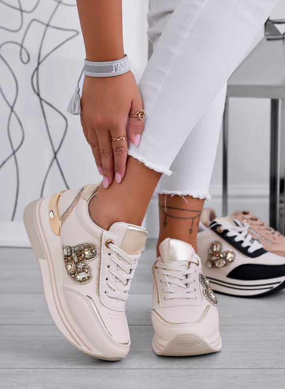 ABBY - Sneakers beige con gioiello a cuore e zeppa