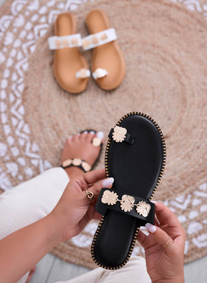 SENDY - Black flat flip-flop sandals with gold embellishments