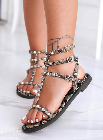 AXEL - Low python sandals with buckles and silver studs