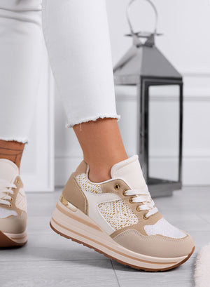 SELLY - Beige sneakers with wedge heel and embroidered details