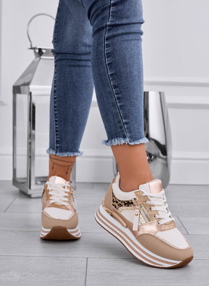 JANNY - Beige sneakers with gold laminated and animal print inserts
