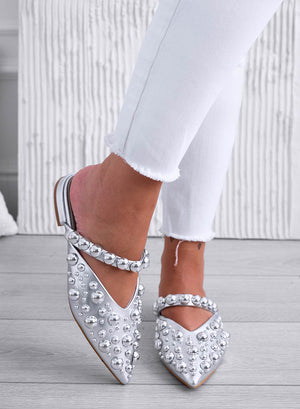 WILDA - Silver pointed-toe mule ballerinas with sphere studs