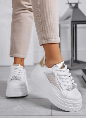 MIRELA - White sneakers with gold inserts, wave sole, and mesh