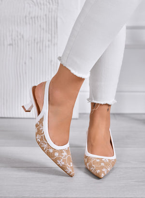 REMY - Beige pointed slingback pumps with white embroidery and low 7 cm heel