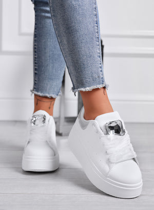 OLIVIA - White Platform Sneakers with Jewel Detail