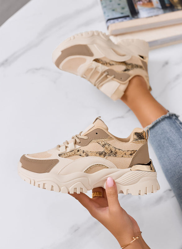 LUCINDA - Sneakers chunky beige con dettagli animalier e suola alta