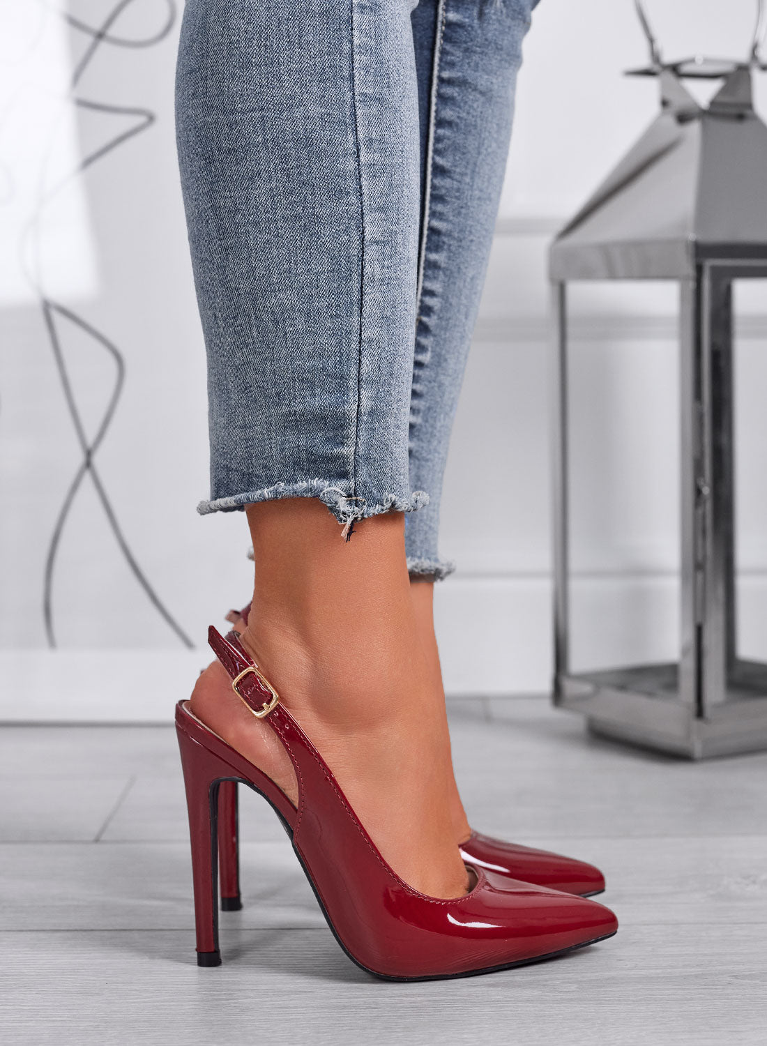 SHADOW - Burgundy patent leather pumps with slingback strap and 12 cm heel