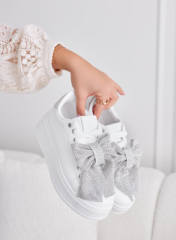 BELGA - Sneakers bianche  con fiocco in strass argento