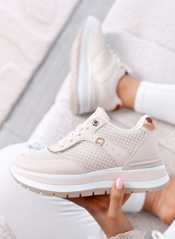 AGATA - Beige Platform Sneakers with Laminated Fabric Details