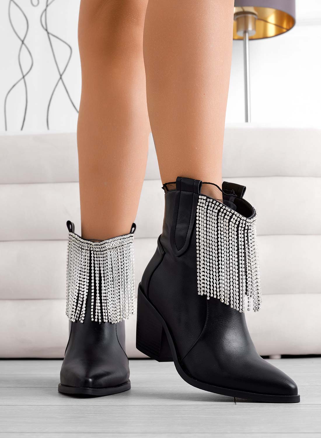 RIKI - Alexoo black camperos ankle boots with jeweled fringes