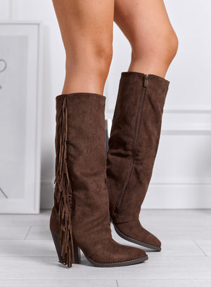 ILENIA - Bottes hautes camperos marron avec franges latérales et talon large