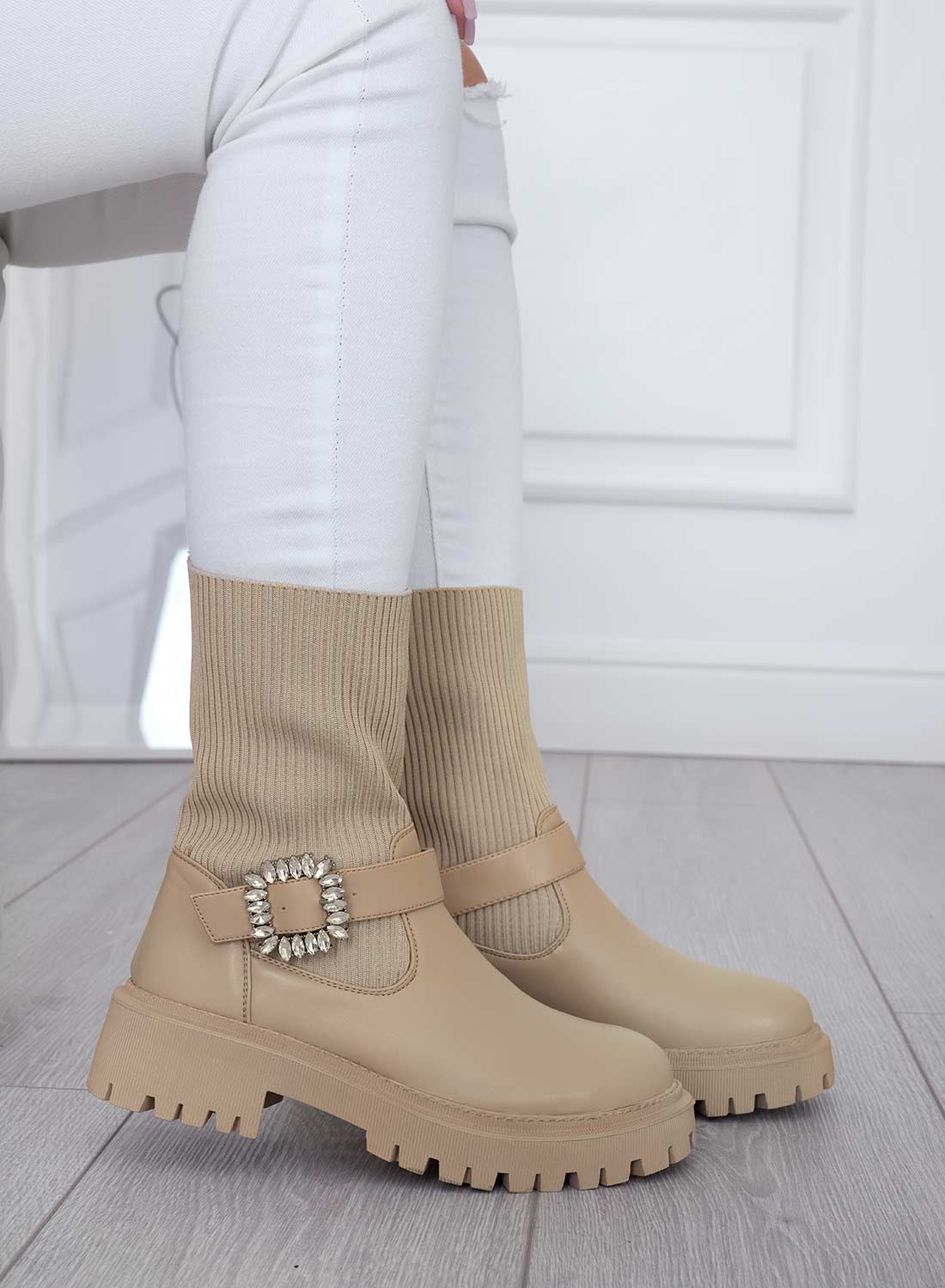Beige fabric ankle boots with jeweled buckle