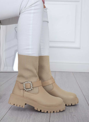 Beige fabric ankle boots with jeweled buckle