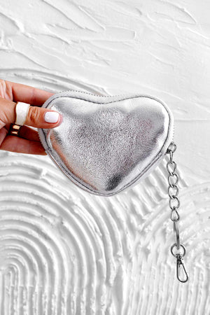 Metallic silver heart-shaped coin purse with zipper
