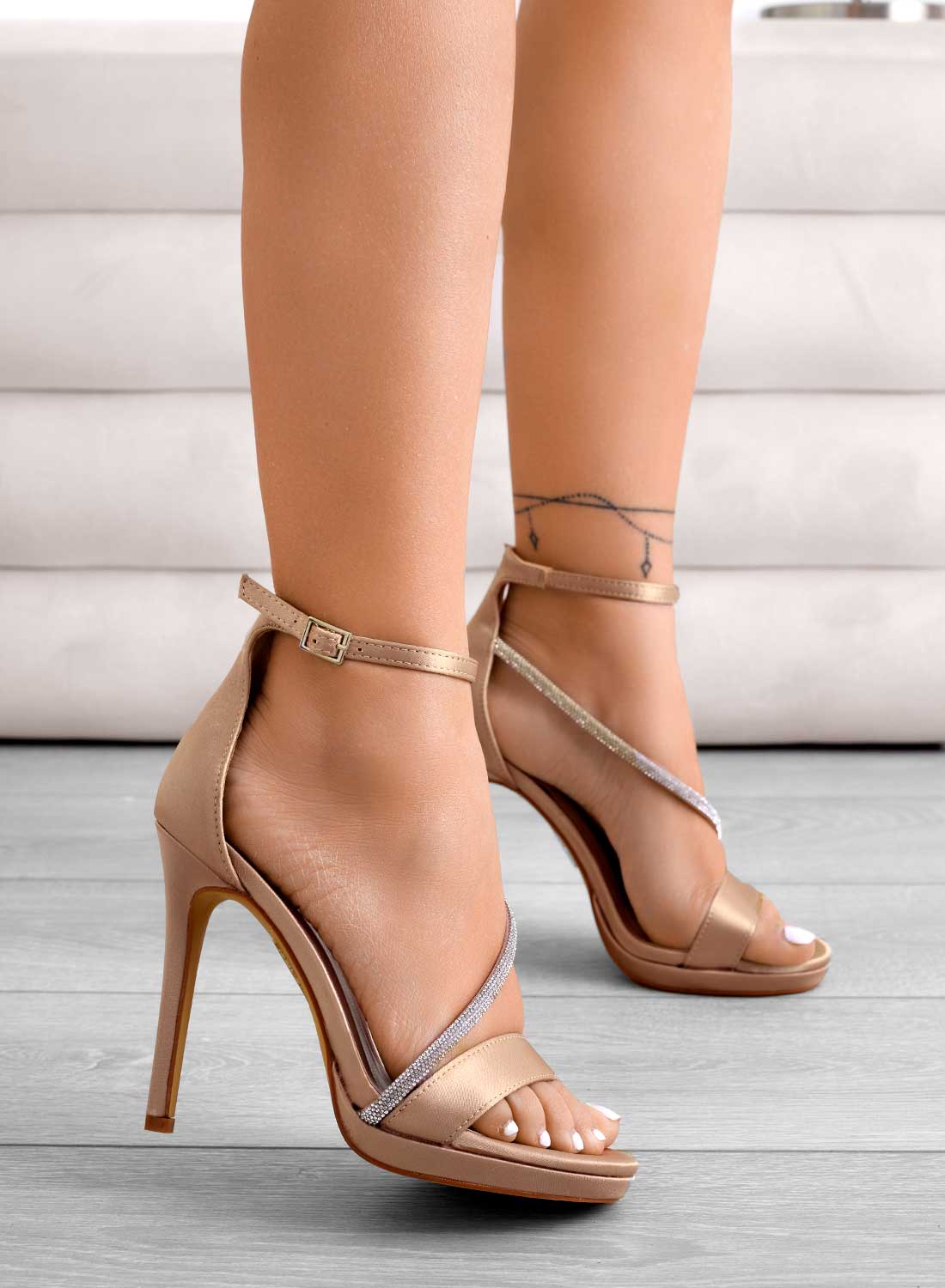 DONATELLA - Rose gold satin sandals with jeweled strap
