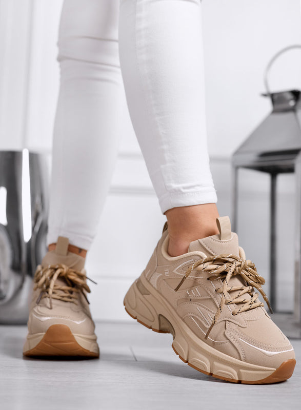 GIORGIA - Sneakers  beige Chunky con Suola Alta e lacci bicolore