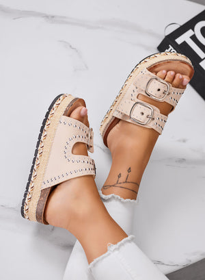 BILBAO - Beige sandals Platform slippers with studs and double buckle