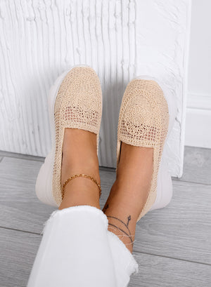 NASTIA - Beige slip-on loafers in crochet with perforated design and white chunky sole