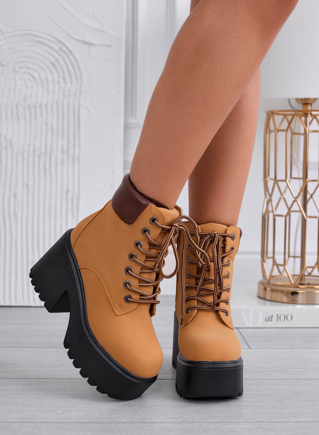 Mustard yellow combat ankle boots with wedge