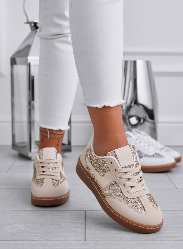 DOLORES - Sneakers beige con glitter oro