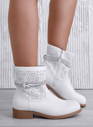 KATE - White perforated ankle boots with jeweled strap