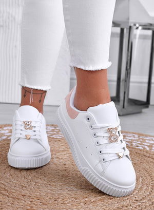 BEVERLY - White sneakers with jeweled teddy bear and pink heel