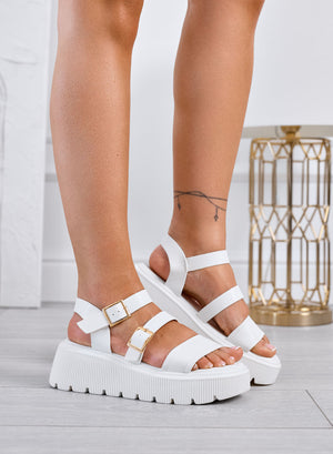MORA - White chunky sandals with double gold buckle and lug sole